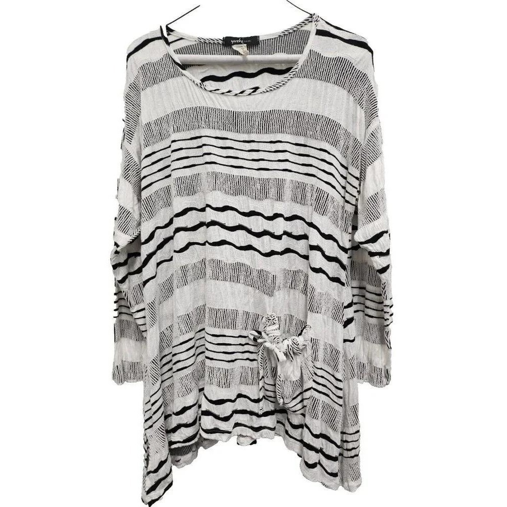 Yushi Wearable Art Lagenlook Tunic Top Womens XL Black White Striped Long Sleeve